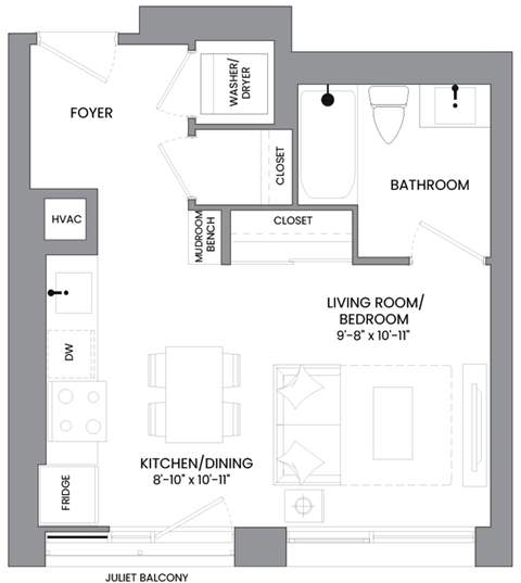 Floor plan for studio, 1 bath, 418 sqft